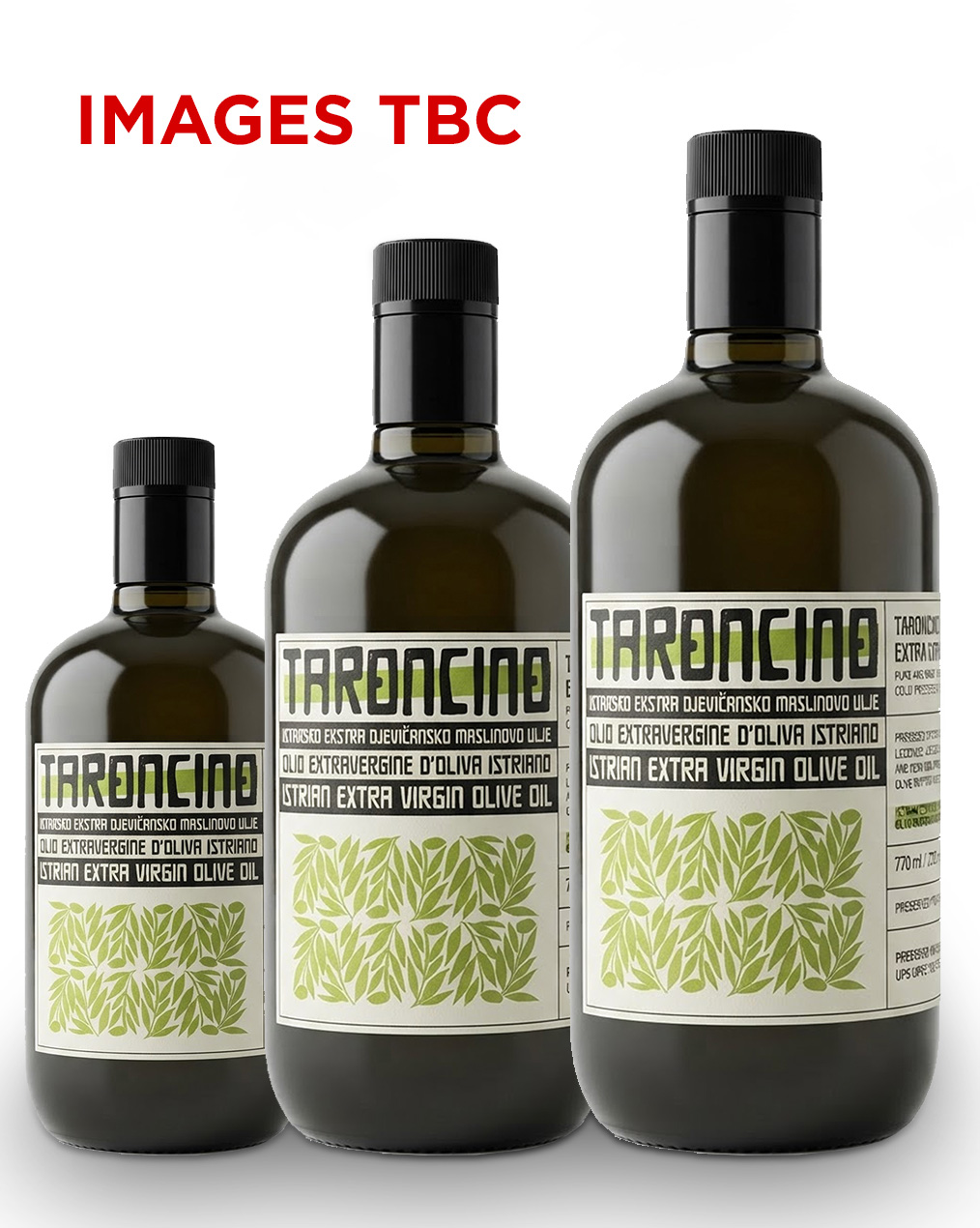 Three Taroncino bottles in small, medium and large sizes
