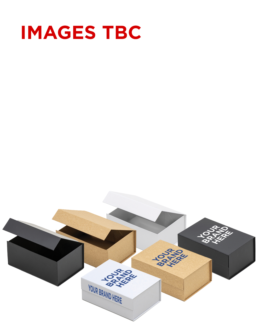Example gift boxes in black, kraft and white, printed with a placeholder brand name