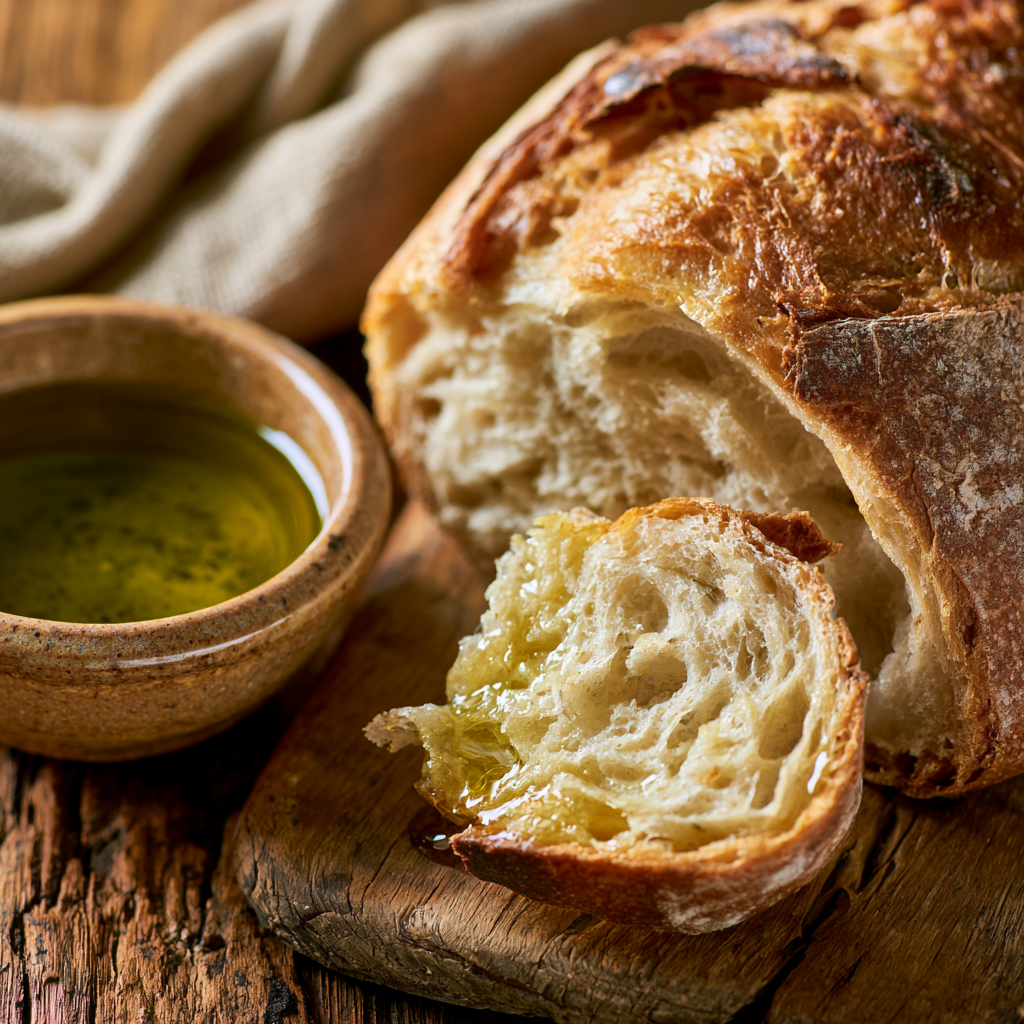 Torn bread beside a small ceramic bowl of olive oil